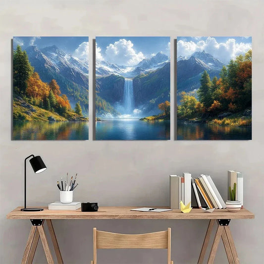 3pcs Mountain Waterfall & Lake Autumn Scenery Metal Print Ready to Hang Art