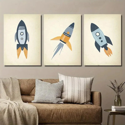 3pcs Rocket Planet Vintage Outer Space Metal Print Ready to Hang Art