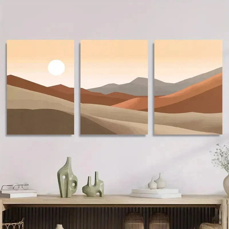 3pcs Minimalist Mountains and Sun Metal Print Ready to Hang Art