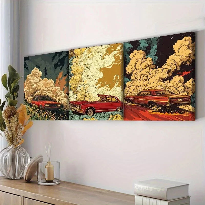 3pcss Red Car Smoke Colorful Background Wall Art Set Canvas Framed 40x60cm - High Quality Print 100% Australian Made Wall Canvas Ready to Hang