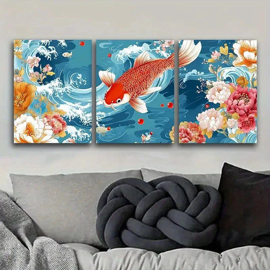 3pcs wo Red and White Carp, Luxurious Metal Print Ready to Hang Art