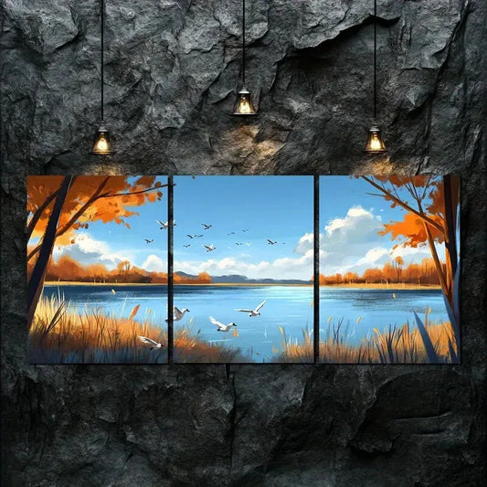 3pcs Peaceful Autumn Scenery Blue Sky Perfect Wall Art Set Canvas Framed 40x60cm - High Quality Print 100% Australian Made Wall Canvas Ready to Hang