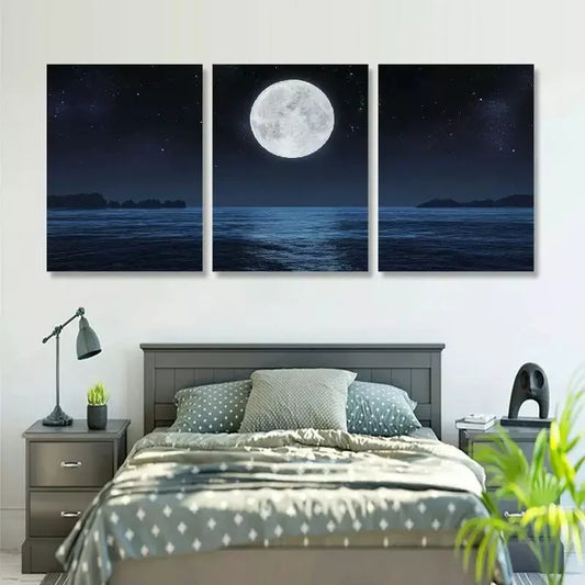 3pcs Full Moon on a Dark Night with Stars Wall Art Set Canvas Framed 40x60cm - High Quality Print 100% Australian Made Wall Canvas Ready to Hang