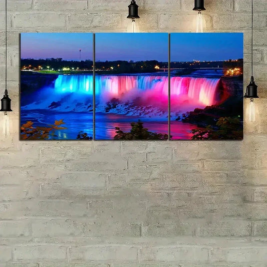 3pcs Waterfall Rainbow Vibrant Nighttime Falls Metal Print Ready to Hang Art