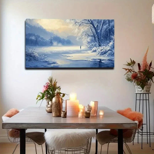 Winter River Serene Snowy Wall Art Canvas Office Home Room Framed 80x45cm