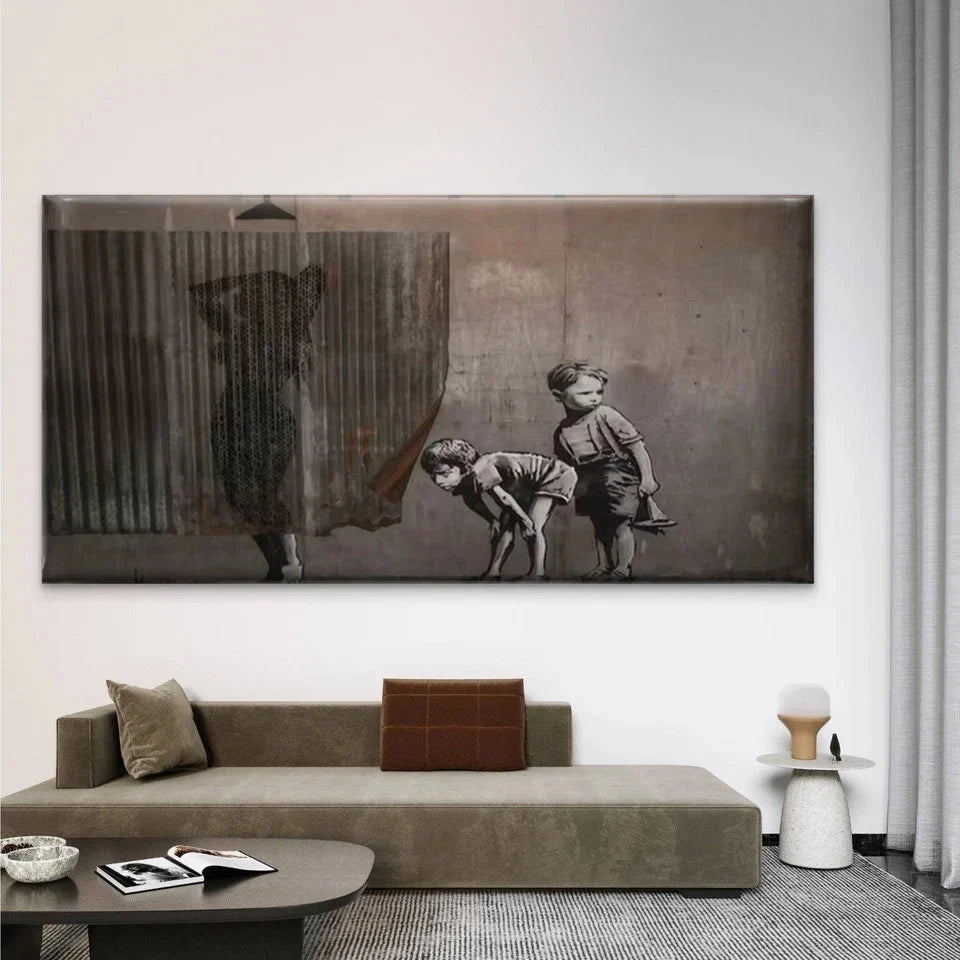 Curious Children Peeking Wall Art Canvas Office Home Room Framed 80x45cm