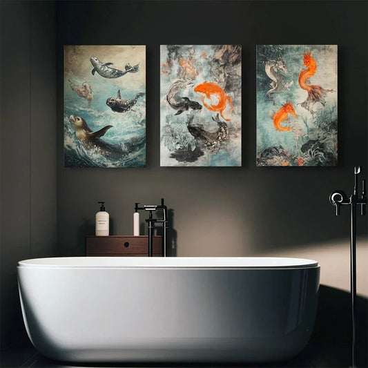 3pcs Abstract Art Fish Dancing in Water Metal Print Ready to Hang Art