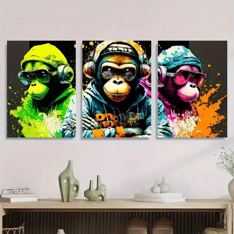 3pcs Colorful Monkeys with Headphones and Fashion Metal Print Ready to Hang Art
