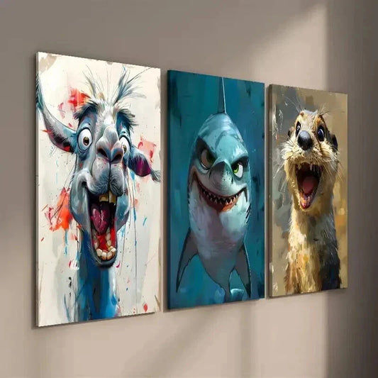 3pcs Cartoon Funny Camel Shark Otter Wall Art Set Canvas Framed 40x60cm - High Quality Print 100% Australian Made Wall Canvas Ready to Hang