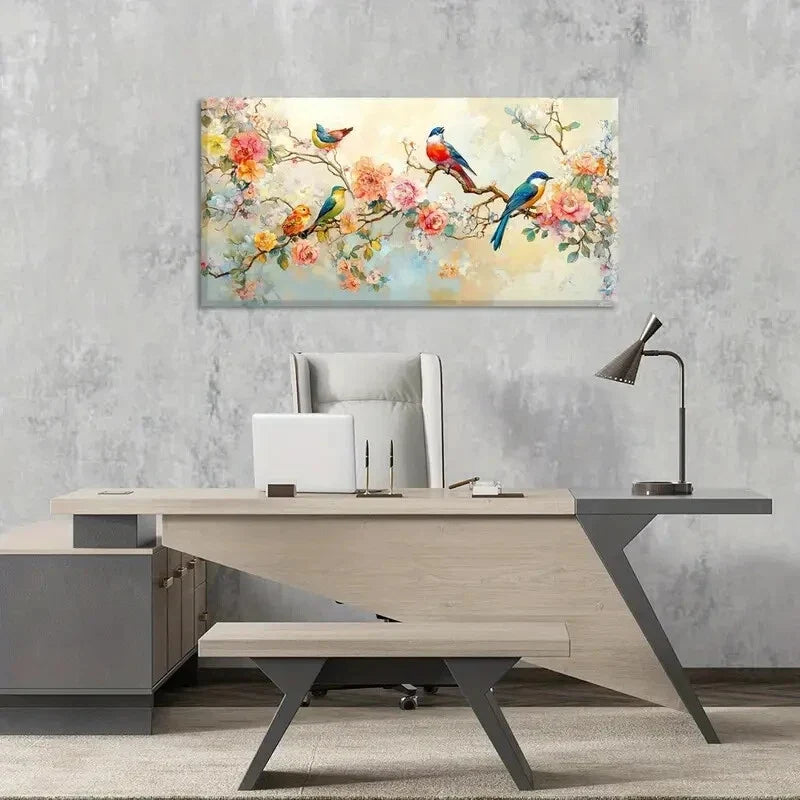 Vibrant Floral & Birds Rustic Wall Art Canvas Office Home Room Framed 120x60cm.