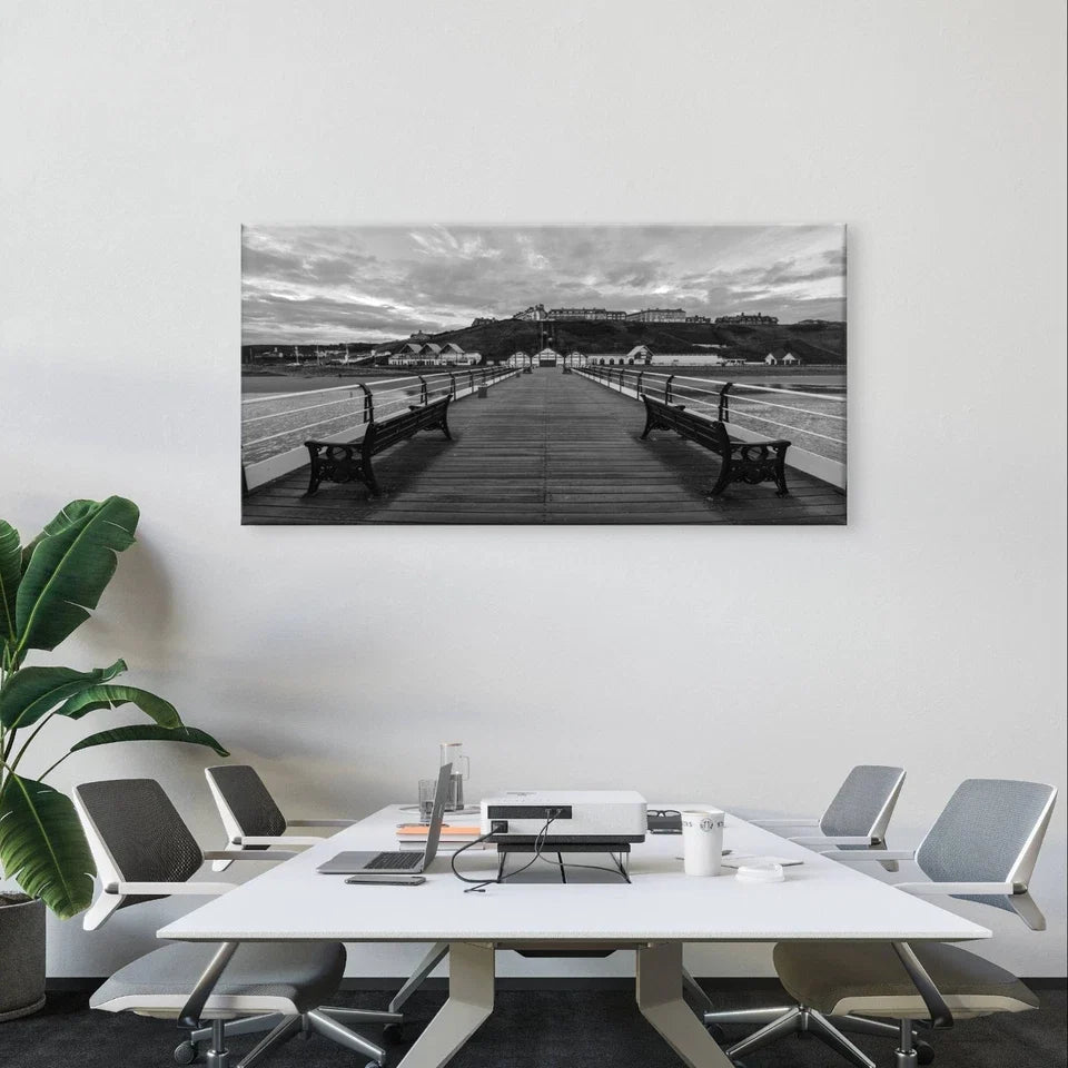 Black and White Coastal Pier At Sea Wall Art Canvas Office Home Framed 120x60cm