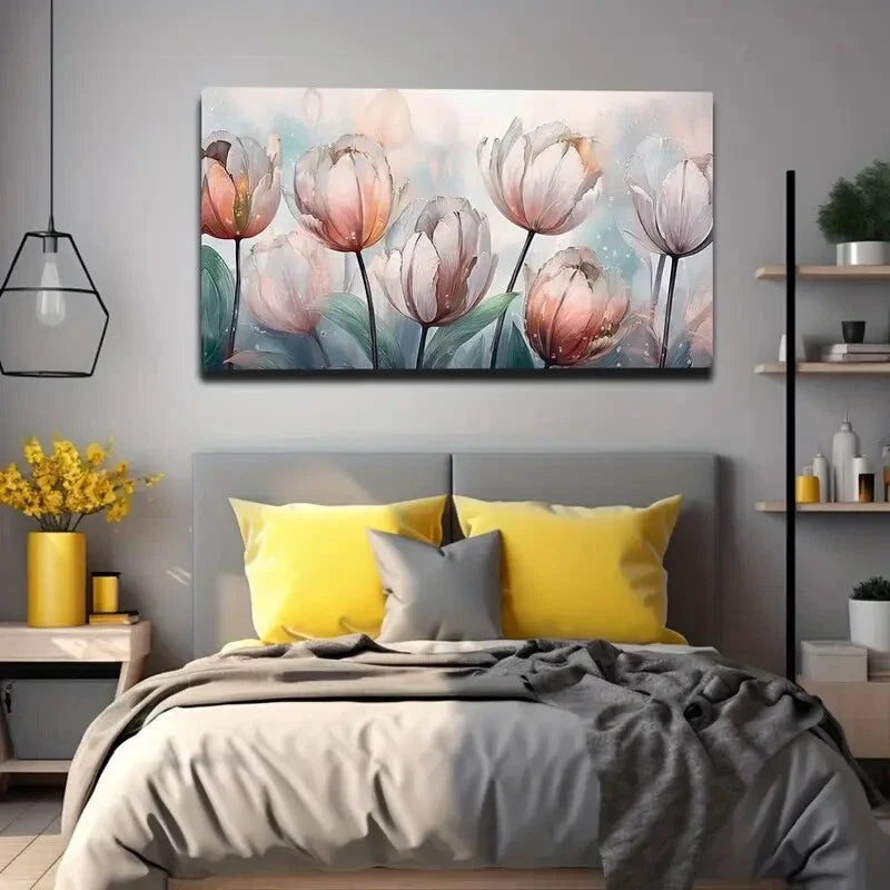Blooming Tulips in Soft Pink Wall Art Canvas Office Home Room Framed 120x60cm