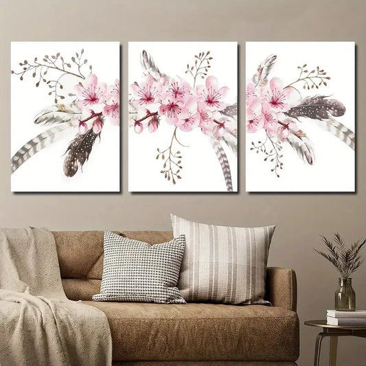 3pcs Light Pink Cherry Blossom Botanical Flowers Metal Print Ready to Hang Art
