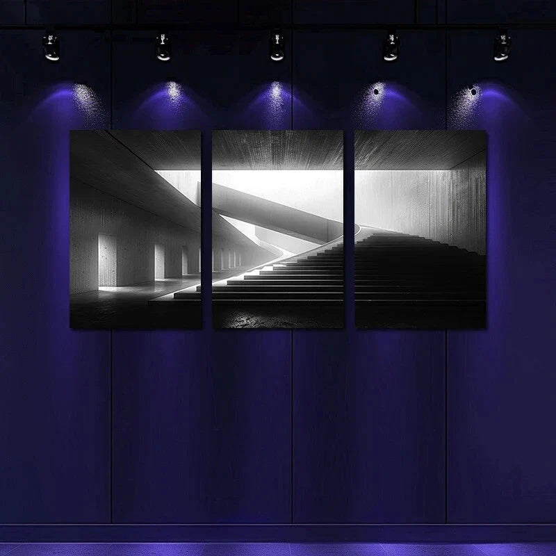 3pcs Black & White Steps White Lights Modern Style Metal Print Ready to Hang Art