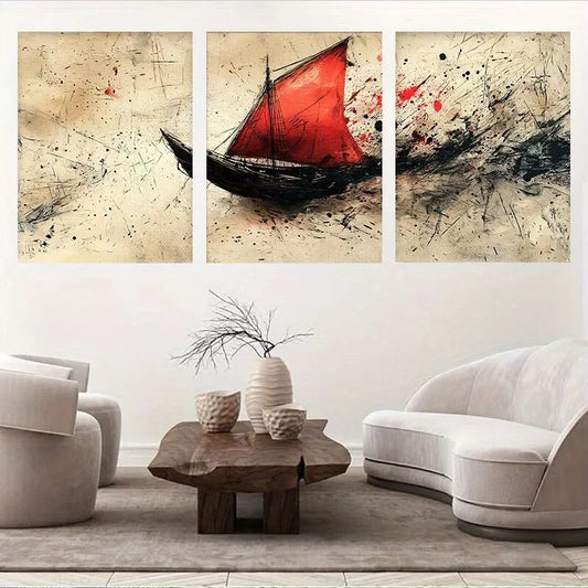 3pcs Abstract Red Sails Ship on Rough Seas Wall Art Set Canvas Framed 40x60cm - High Quality Print 100% Australian Made Wall Canvas Ready to Hang