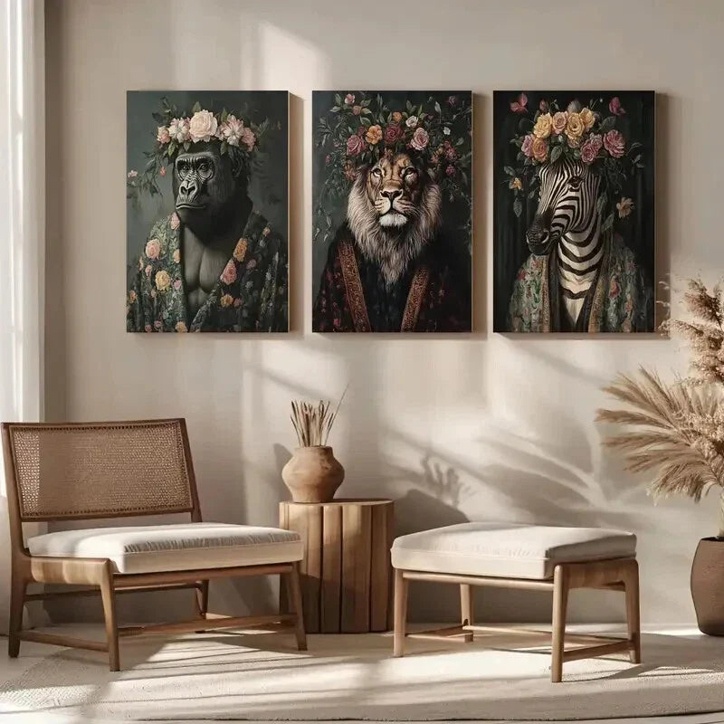 3pcs Floral Animal Portrait Majestic Animals Metal Print Ready to Hang Art