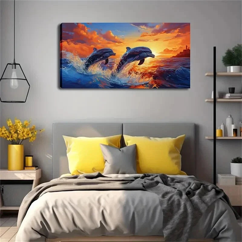 Dolphins Leaping Out of Ocean Wall Art Canvas Office Home Room Framed 120x60cm