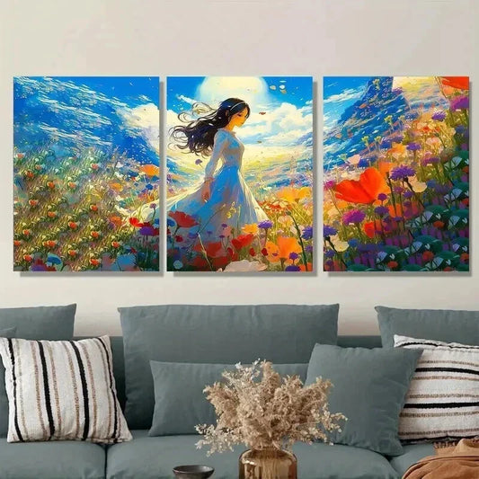 3pcs Beautiful Woman In Flower Vibrant Landscape Wall Art Set Canvas Framed 40x60cm - High Quality Print 100% Australian Made Wall Canvas Ready to Hang