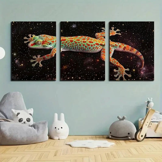 3pcs Starry Night Gecko Colourful Metal Print Ready to Hang Art