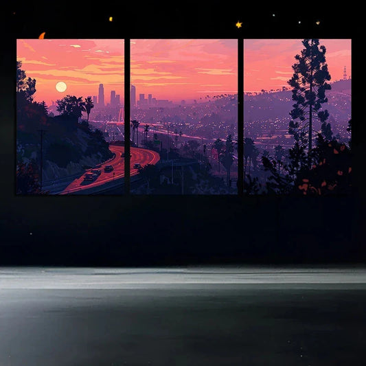 3pcs Sunset Cityscape Highway and Skyline Metal Print Ready to Hang Art