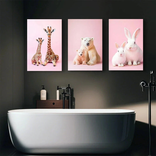 3pcs Animal Parent Child Abstract Paintings Metal Print Ready to Hang Art