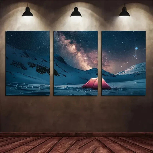 3pcs Pink Snow Mountain Tent Pink Metal Print Ready to Hang Art