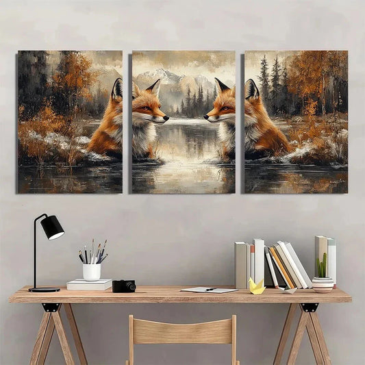 3pcs Fox Gothic Red Foxes in Winter Forest Scene Metal Print Ready to Hang Art