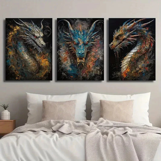 3pcs Vibrant Colorful Dragon Vintage Fantasy Metal Print Ready to Hang Art