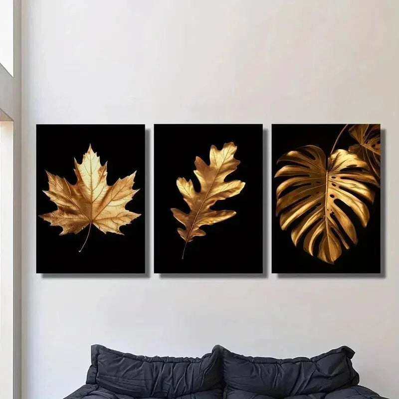 3pcs Classic Golden Leaves Decoration Wall Art Set Canvas Framed 40x60cm - High Quality Print 100% Australian Made Wall Canvas Ready to Hang