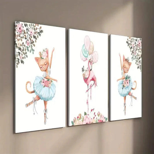 3pcs Kitten Ballet Pink Flamingo & Floral Design Wall Art Set Canvas Framed 40x60cm - High Quality Print 100% Australian Made Wall Canvas Ready to Hang