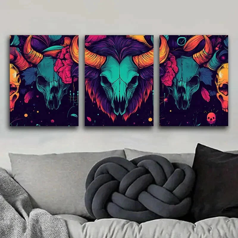 3pcs Art Deco Skulls and Bison Metal Print Ready to Hang Art