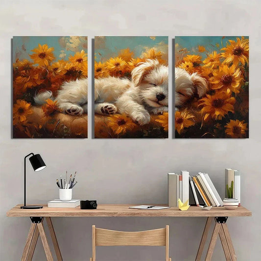 3pcs Adorable White Dog Yellow Flowers Metal Print Ready to Hang Art
