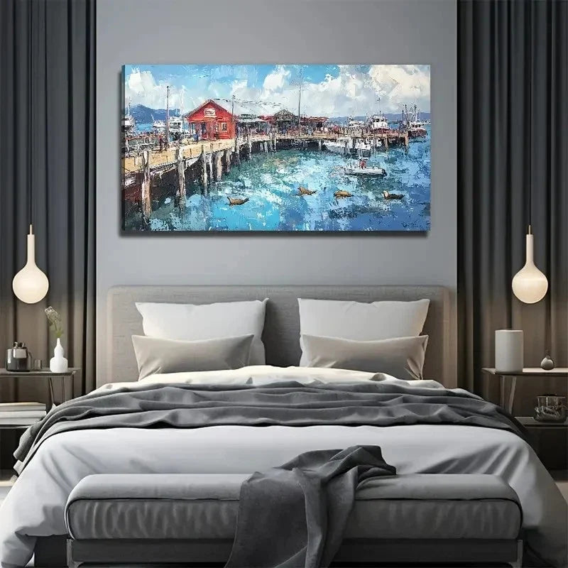 Fisherman'S Harbor Perfect Wall Art Canvas Office Home Room Framed 80x45cm