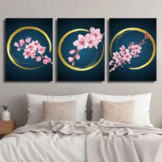3pcs Sakura Botanical Golden and Pink Cherry Metal Print Ready to Hang Art