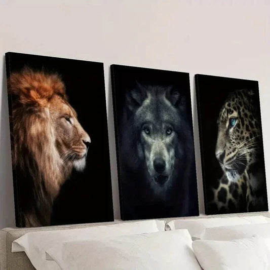 3pcs Lions Wolves and Leopards Painting Wall Art Set Canvas Framed 40x60cm - High Quality Print 100% Australian Made Wall Canvas Ready to Hang
