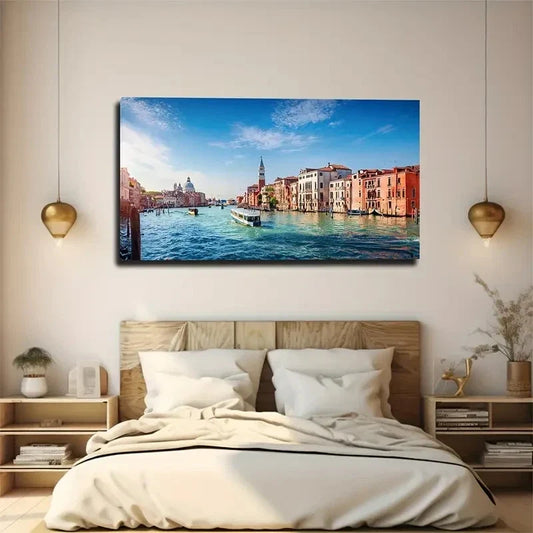 Vibrant Venetian Water Wall Art Canvas Office Home Room Framed 120x60cm