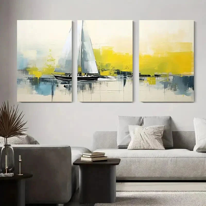 3pcs Sailing Boat Abstract Yellow and Blue Hues Metal Print Ready to Hang Art