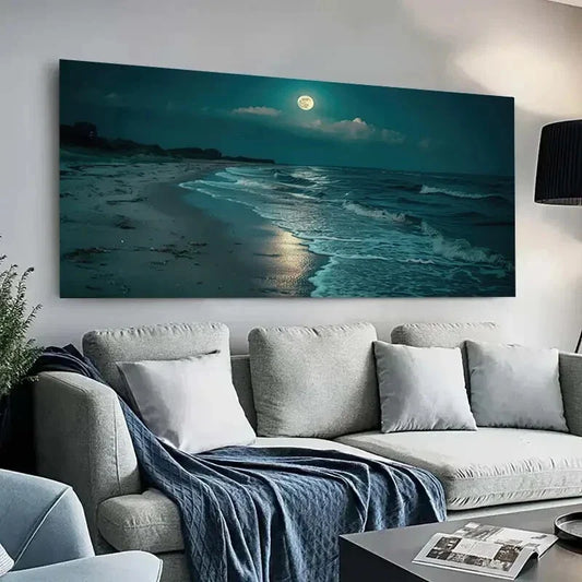 Moonlit Beach Night Seascape Wall Art Canvas Office Home Room Framed 80x45cm