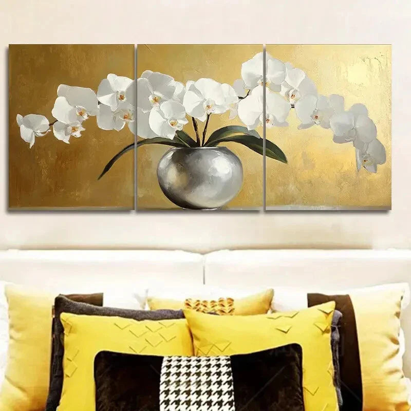 3pcs White Orchid in Silvery Vase Metal Print Ready to Hang Art