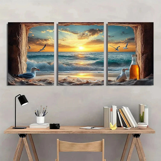 3pcs Fake Window Beach Ocean Seagulls Metal Print Ready to Hang Art