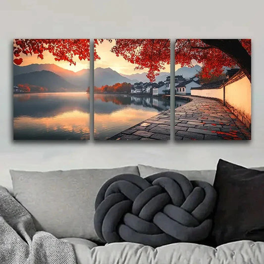 3pcs Jiangnan, ancient town Metal Print Ready to Hang Art