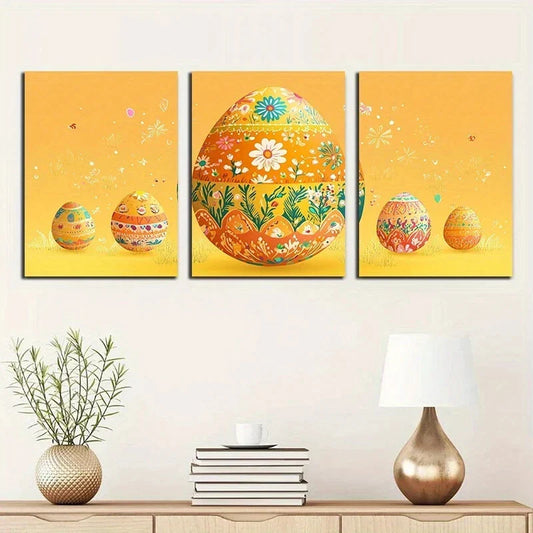 3pcs Vibrant Colorful Eggs Orange Florals Designs Metal Print Ready to Hang Art