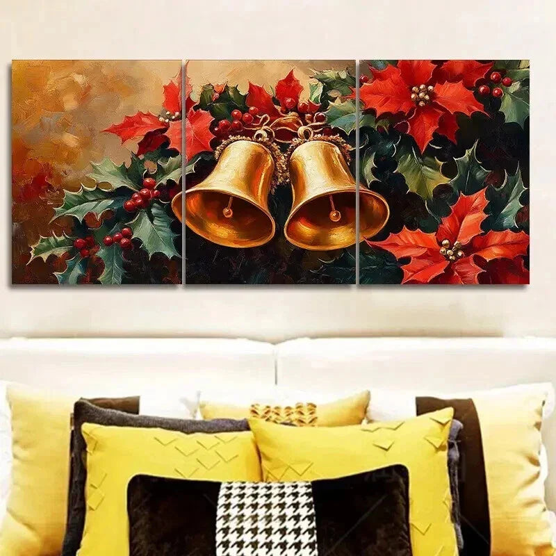 3pcs Golden Bell & Holly Christmas Decorations Wall Art Set Canvas Framed 40x60cm - High Quality Print 100% Australian Made Wall Canvas Ready to Hang