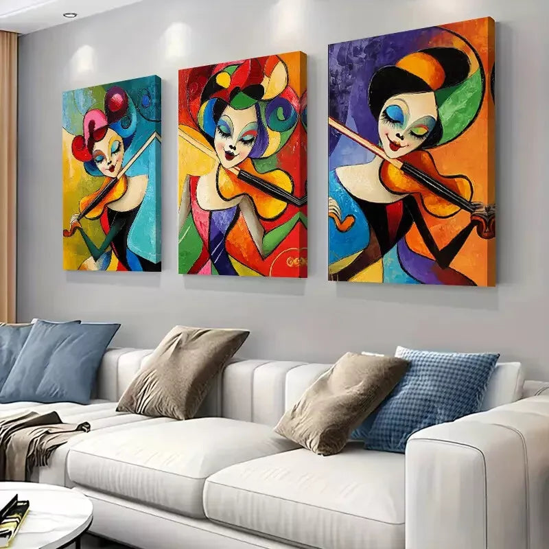 3pcs Colorful and lively Abstract Violinist Wall Art Set Canvas Framed 40x60cm - High Quality Print 100% Australian Made Wall Canvas Ready to Hang