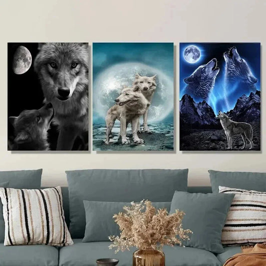 3pcs Moonlit Night Scene Stunning Wolf Wall Art Set Canvas Framed 40x60cm - High Quality Print 100% Australian Made Wall Canvas Ready to Hang