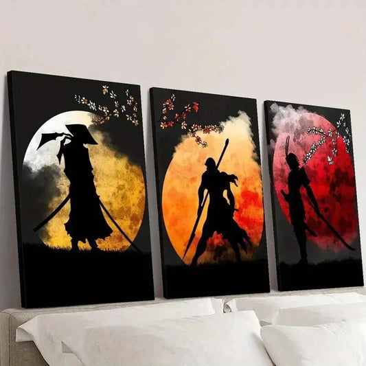 3pcs Epic Samurai & Floral Ink Illustrations Wall Art Set Canvas Framed 40x60cm - High Quality Print 100% Australian Made Wall Canvas Ready to Hang