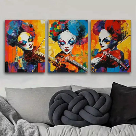 3pcs Colorful Clown Violinist artistic atmosphere Wall Art Set Canvas Framed 40x60cm - High Quality Print 100% Australian Made Wall Canvas Ready to Hang