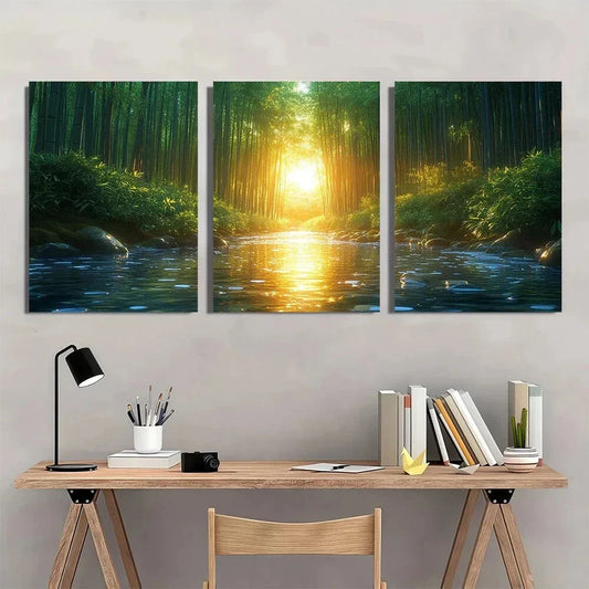 3pcs Serene Bamboo Forest Ethereal Light Metal Print Ready to Hang Art