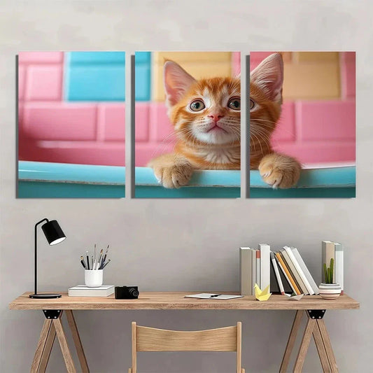 3pcs Cute Cat Funny Pet Animal Painting Metal Print Ready to Hang Art