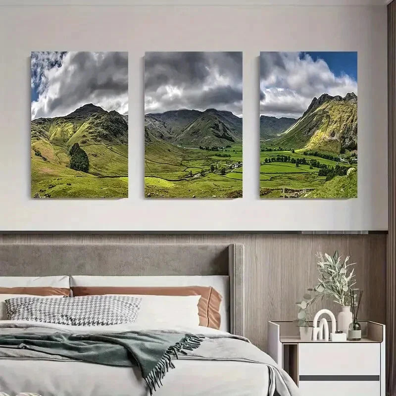 3pcs Majestic Mountain Landscape Serene Green Metal Print Ready to Hang Art